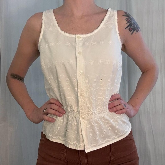 White Eyelet Peasant Button Down Sleeveless Blouse with Waist Elastic Y2K Boho - Picture 4 of 8